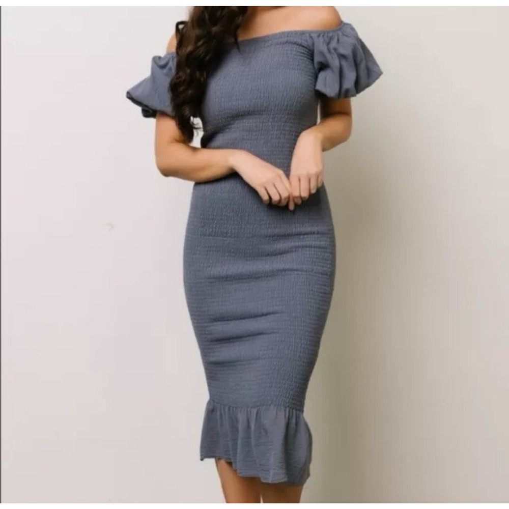Baltic Born Alana Slate Smocked Midi Dress Womens M Off The Shoulder Puff Sleeve